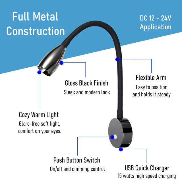 12 / 24v Wall Reading Light (Gun Metal Gloss Black)